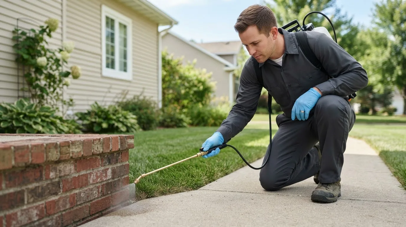 Pest control technician treating a home near Menifee, CA
